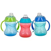 Nuby 3 Piece No-Spill Grip N’ Sip Silicone Cup with Soft Flex Spout, 2 Handle with Clik It Lock Feature, Boy, 10 Ounce