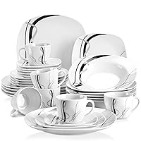 Series Fiona, 30-Piece Dinnerware Sets for 6, White Dishes Set with Black and Gray Stripes, Porcelain Dinner Set Including Dessert Plates, Soup Plates, Dinner Plates, Cups & Saucers
