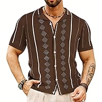GRACE KARIN Mens Cuban Stripe Shirt Vintage Knit Short Sleeve Button Polo Shirts