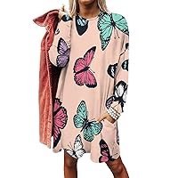 Cute Butterfy Pattern Women's Long Sleeve T-Shirt Dress Casual Tunic Tops Loose Fit Crewneck Sweatshirts with Pockets