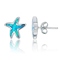 DECADENCE Rhodium Polished Created Opal Stud Earrings for Women and Girls | Star Fish 11.25x10.30mm Studs | Blue Green Turquoise | 925 Sterling Silver Pushbacks