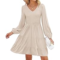 ZESICA Women's Casual V Neck Long Sleeve Smocked High Waist Ruffle A Line Tiered Mini Dress