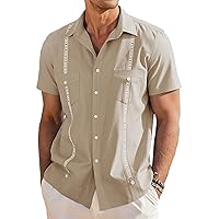 COOFANDY Mens Short Sleeve Cuban Guayabera Shirts Casual Button Down Shirt Summer Beach Shirt for Men, Army Green, Large