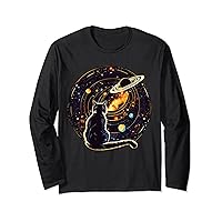 Cat Staring at Planet Saturn, Cat Dad, Cat Lover Long Sleeve T-Shirt