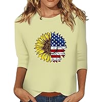 July 4th Clothes for Women Plus Size 3/4 Sleeve Tops American Flag Shirts Summer Casual Tunics Loose Fit Tee Blouse