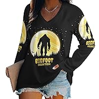 Bigfoot Hunter Sasquatch Women's Long Sleeve Shirts Athletic Workout T-Shirts V Neck Sweatshirts Casual Tops