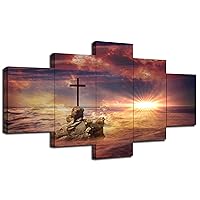 Cross on a Rock Wall Decor Religious Jesus Christ Spiritual Wall Art Picture Canvas Print Christian Poster Painting Framed Home Living Room Bedroom Decoration Ready to Hang(60''Wx32''H)