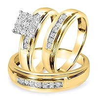 CZ His and Hers Wedding Couple Ring Bridal Set in 925 Sterling Silver 14K Yellow Gold Over