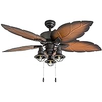 Prominence Home Ocean Crest, 52 Inch Tropical Indoor Outdoor Ceiling Fan with Light, Pull Chain, Three Mounting Options, Weather Resistant Palm Leaf Blades - 50653-01 (Bronze)