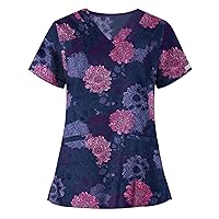 Scrub Shirts for Women Womens Scrub Tops Fashion Printed Work Uniform T-Shirt V Neck Short Sleeve Nurse Tops Tunic Blouse with Pocket 3X-Large Purple