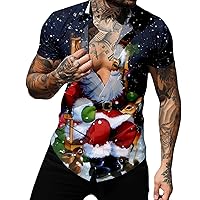 Christmas Hawaiian Shirt for Men Short Sleeve Button Down Santa Claus Printed Slim Fit Vacation Dress Shirts