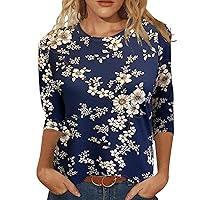 Womens Tops 3/4 Sleeve Shirts Round Neck Loose Casual Blouses Floral Print Tshirts