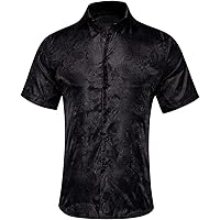Hi-Tie Paisley Men's Black Dress Shirt Short Sleeve Regular Fit Button Down Shirt Casual Prom Beach(X-Large)