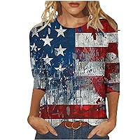 Deals of The Day Today Shirts for Women Summer 3/4 Sleeve Crew Neck Patriotic Blouse Dressy Casual T-Shirt American Flag Print Graphic Tees