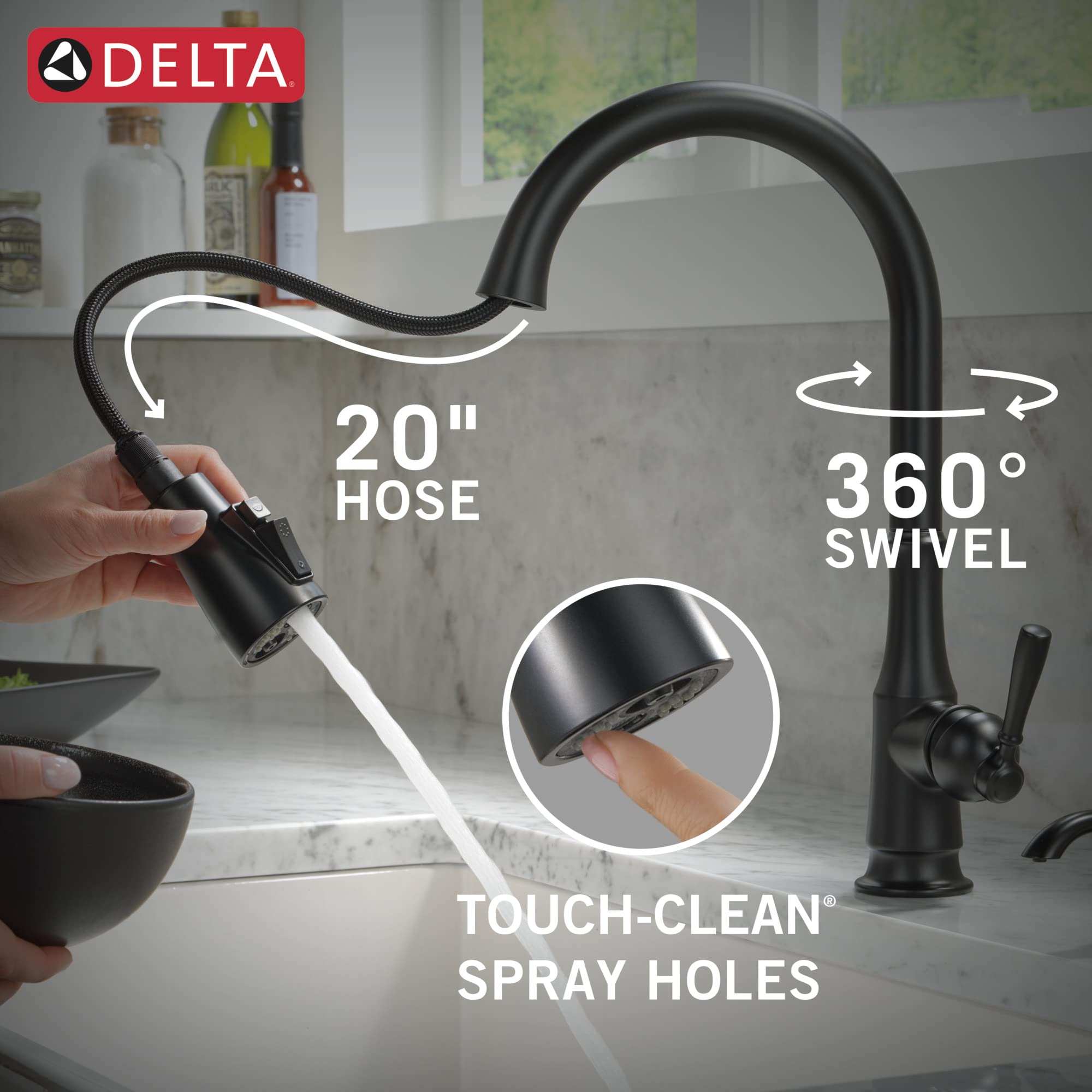 Delta Faucet Capertee Black Kitchen Faucet with Soap Dispenser, Kitchen Faucets with Pull Down Sprayer, Kitchen Sink Faucet with Magnetic Docking Spray Head, Matte Black 19877Z-BLSD-DST