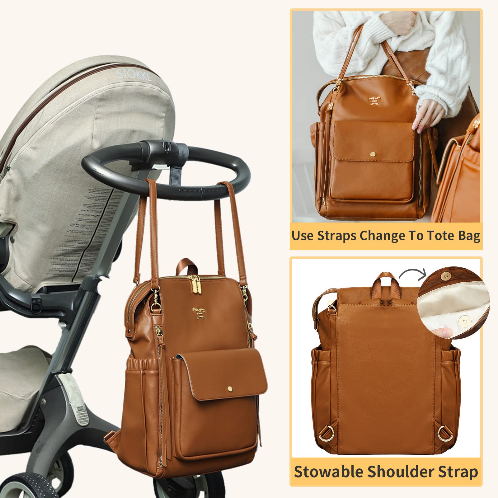 miss fong Diaper Bag Tote Leather Diaper Bag Backpack, Large Capacity Mommy Bag Hospital Bag with Crossbody Diaper Bags, Diaper Bag Purse-Brown