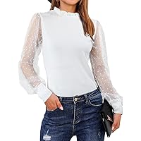 Blooming Jelly Womens Mock Neck Tops Mesh Long Sleeve Shirts Polka Dot Ruffle Elegant Blouse