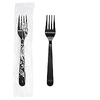 Party Essentials Individually Wrapped Black Plastic Utensil Sets/Heavy Duty Flatware Packs, Fork, 100 Sets