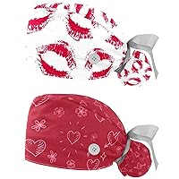 2 Pcs Bouffant Cap with Button Ponytail Pouch Cotton Working Hat Sweatband Adjustable Surgical Cap Valentine's Day