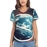 Space Planet Earth Women's T-Shirts Collection,Classic V-Neck, Flowy Tops and Blouses, Short Sleeve Summer Shirts,Most Women