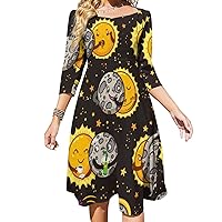 Solar Eclipse Totality Women's Dress 3/4 Sleeves Tie Neck Casual Dresses 2XL