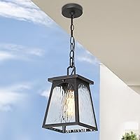 Outdoor Pendant Light, Black Farmhouse Outdoor Pendant Lights for Porch with Clear Water Ripple Glass, Modern Waterproof Anti-Rust Trapezoid Exterior Ceiling Adjustable Hanging Lantern Light Fixtures
