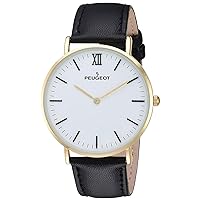 Peugeot Men's Ultra Slim Watch, 14Kt Gold Plated Round Minimalist Wrist Watch for Men with Easy to Read Dial and Genuine Leather Band