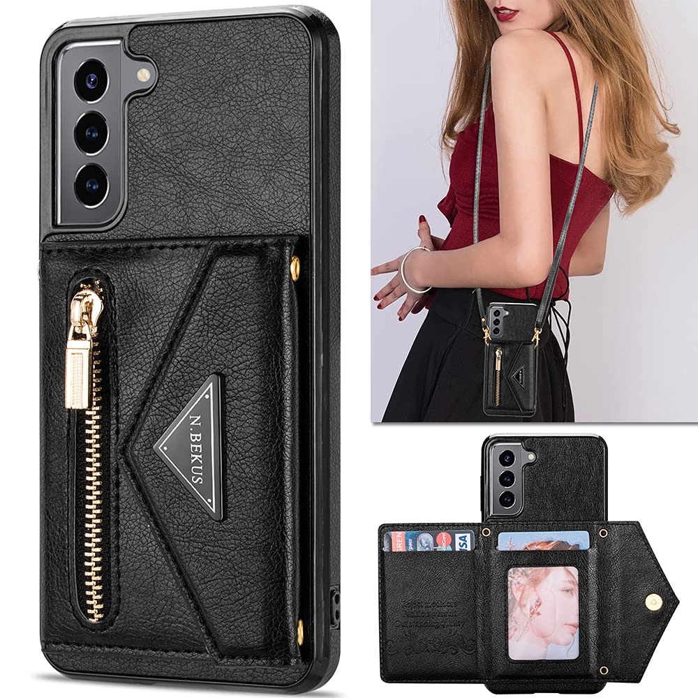 KUDEX Wallet Case for Samsung Galaxy S21 5G 6.2 Inch with Crossbody Strap,Envelope Flip Leather Magnetic Back Flip Purse Case with Card Holder Zipper Pocket Stand Shoulder Strap for Women(Black)