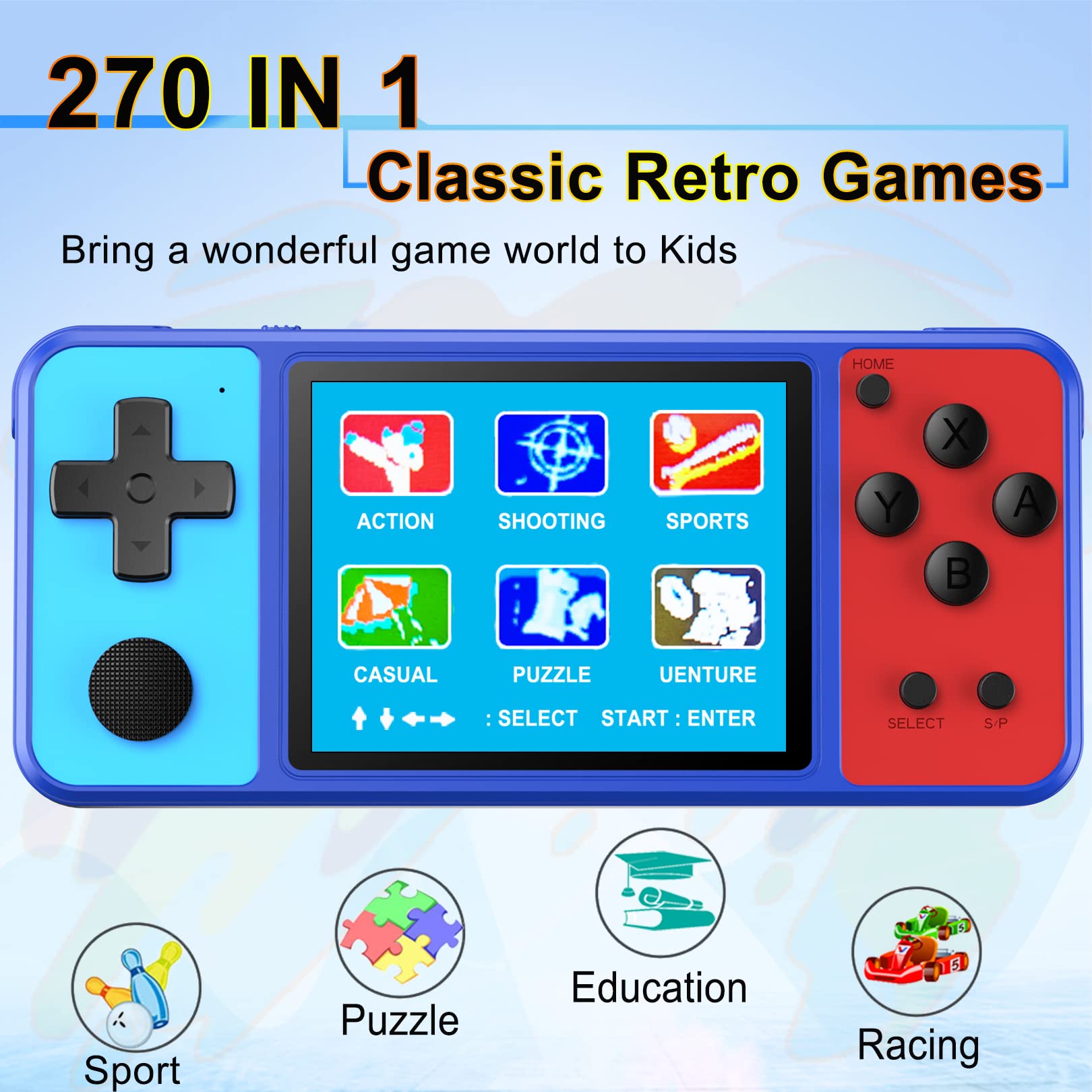 Great Boy Handheld Game Console for Kids Preloaded 270 Classic Retro Games with 3.0'' Color Display and Gamepad Rechargeable Arcade Gaming Player (Blue)