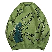 Flygo Women's Dinosaur Sweater Aesthetic Oversized Knit Sweaters Pullovers Y2K Knitwear (Green-XL)