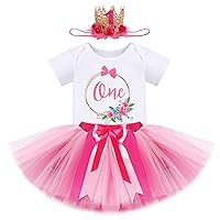 IBTOM CASTLE Baby Girl One Year Old Birthday Floral Lace Party Cake Smash Romper+Tutu Skirt Set+Crown Photo Shoot Clothes