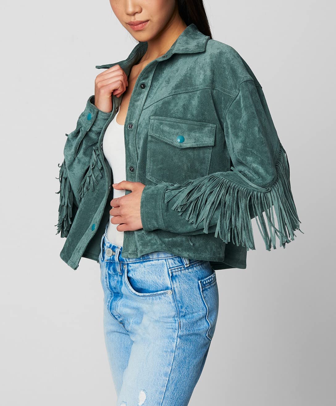 [BLANKNYC] womens Luxury Clothing Faux Suede Fringe Shirt Jacket, Comfortable & Stylish Coat