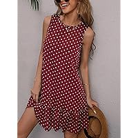 Women's Dress Polka Dot Ruffle Hem Dress Summer Dress (Color : Burgundy, Size : Small)