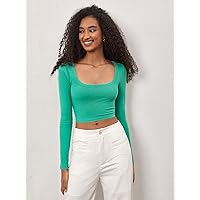 Women's T-Shirt Scoop Neck Crop Tee T-Shirt for Women (Color : Green, Size : Small)