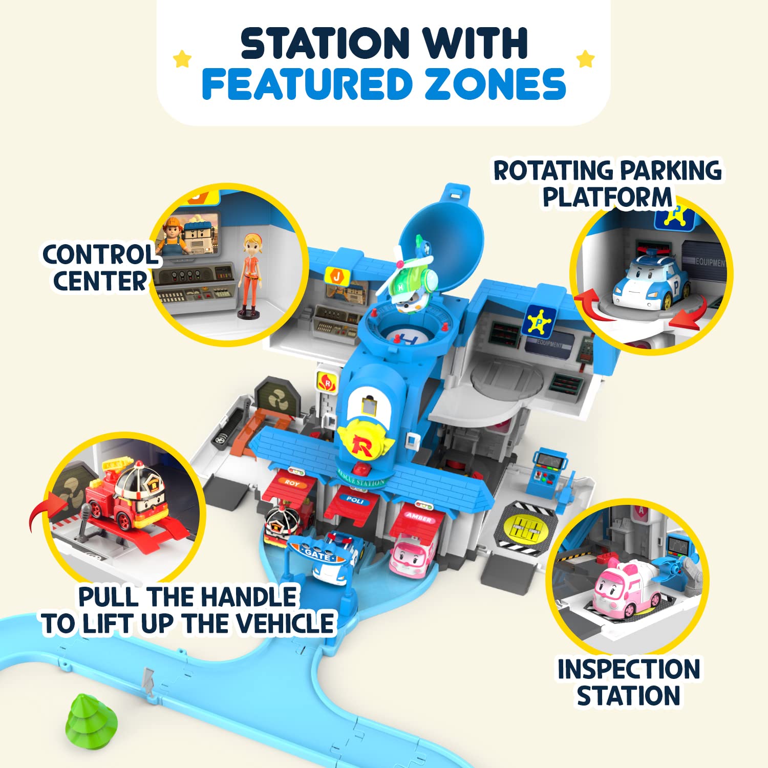 Robocar Poli Toys Exclusive, Transforming Headquarter Station Playset, Rescue Center Race Track Set (with Jin Figure) for Diecast Metal Toy Cars