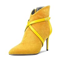 Castamere Womens High Heel Pointed Toe Ankle Boots Short Bootie Cross-Strap Zipper Patchwork Prom Sexy 3.2 Inches Heels