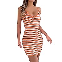 Women's Summer Dresses 2024 Color Contrast Striped Knitted Hip Wrap Slip Holiday Dress, S-XL