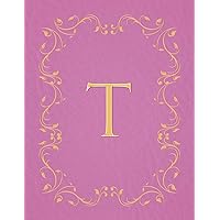 T: Modern, stylish, capital letter monogram ruled composition notebook with gold leaf decorative border and baby pink leather effect. Pretty with a ... use. Matte finish, 100 lined pages, 8.5 x 11.