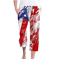 4th of July Patriotic Capri Pants Women Stars Stripes Print Casual Pants Drawstring Waist USA Flag Cropped Trousers
