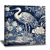 WoGuangis Chinoiserie Chic Canvas Wall Art Pictures Chinoiserie Crane Bird Peacock Wall Art Blue Flower and Bird Asian Garden Prints and Posters Wall Hanging Decorations for Living Room 12x12in