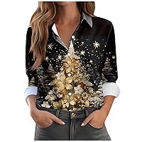 Women's Christmas Sweaters Shirt Blouse Print Button Long Sleeve Casual Basic Shirt Collar Regular Top, S-XL