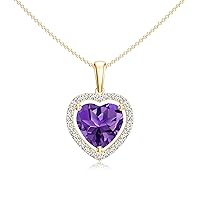 Natural Amethyst Halo Heart Shape Pendant Necklace with Diamond for Women in Sterling Silver / 14K Solid Gold/Platinum