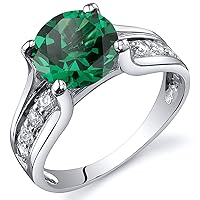 PEORA Simulated Emerald Cathedral Ring in Sterling Silver, Solitaire Round Shape, 8mm, 1.75 Carats total, Comfort Fit Sizes 5 to 9