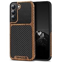 TENDLIN Compatible with Samsung Galaxy S22 Plus Case Wood Grain with Carbon Fiber Texture Design Leather Hybrid Case