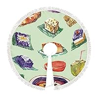 Filipino Food Delicacies in WatercolorChristmas Tree Skirt Carpet Xmas Tree Mat with Tassel for Ornament,Holiday Party Christmas Tree Decorations30 x30