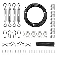 Vinyl Coated Wire Rope Kit, 3/32 Cable Through 1/16 Diameter Stainless Steel, 7x7 Strands Construction with 189 Accessories for String Lights, Clothesline, Vine, 164 ft Black