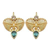 Flower Design Gemstone Connector 14k Gold Plated Earring Pair Checker Cut Collet Setting Gemstone Findings DIY Jewelry Findings, W-4207 (Crystal & Blue Topaz)