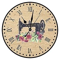 Flower Sewing Machine Clock Craft Room Decor Wood Wall Clock Dressmaker Sewing Lovers Gift Wall Clock Shabby Chic Retro 12inch Round Clock Silent Non-Ticking Battery Clocks for Laundry Room
