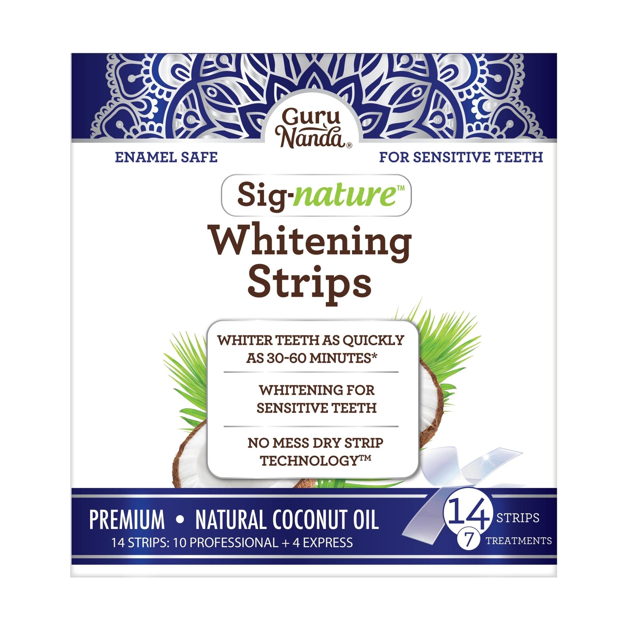 GuruNanda Teeth Whitening Strips with Coconut Oil - 14 Enamel Safe Strips for Sensitive Teeth - Non-Slip, Dry Strip Technology for Whiter Teeth - 7 Professional Treatments with 30 Minutes Fast Results