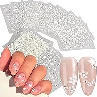 30Pcs/Set Glitter White Flower Nail Art Stickers, Small Floral Self Adhesive Nail Decals Nail Supplies White Flowers with Rhinestones Design- 3D Nail Stickers Wedding Foils for Woman Charm Decoration